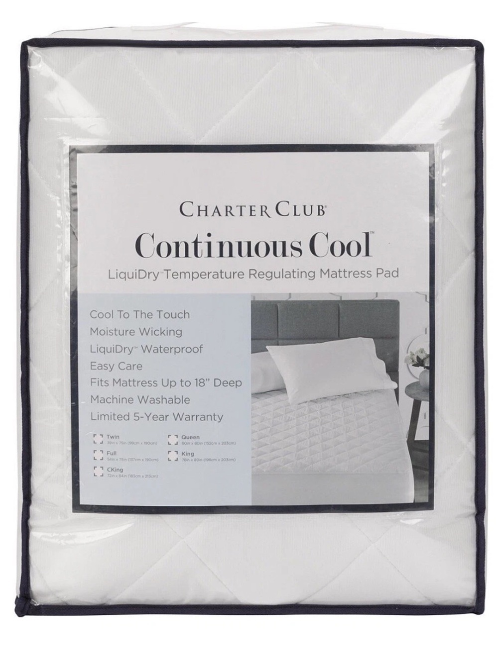 Charter Club Continuous COOL Temperature Regulating Mattress Pad LiquiDry Queen